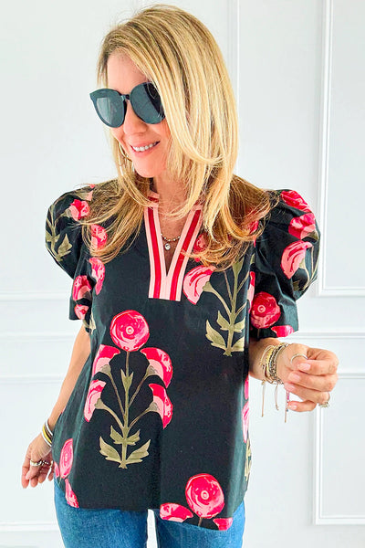 Women's Casual Elegance Black Floral Puff Sleeve Blouse with Striped Contrast - Chic V-Neck Top for Everyday Style