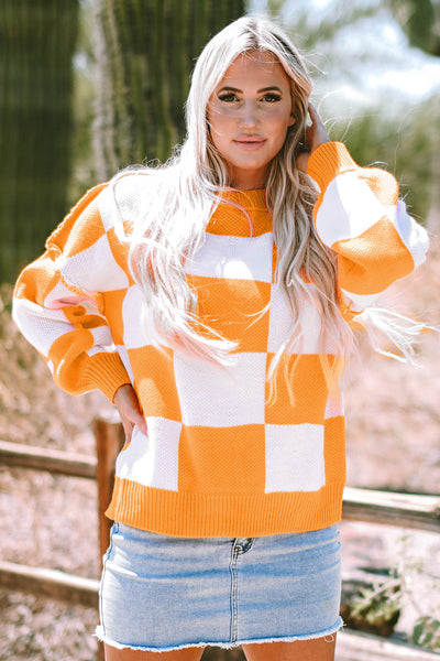 Women's Cozy Orange Checkered Bishop Sleeve Sweater - Stylish Knit Pullover for Fall Fashion and Casual Wear