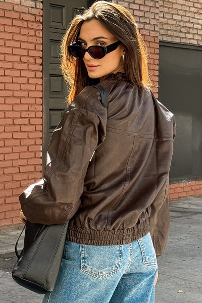 Chic Women's Dark Brown Faux Leather Bomber Jacket with Elastic Cuffs for a Trendy and Comfortable Fit