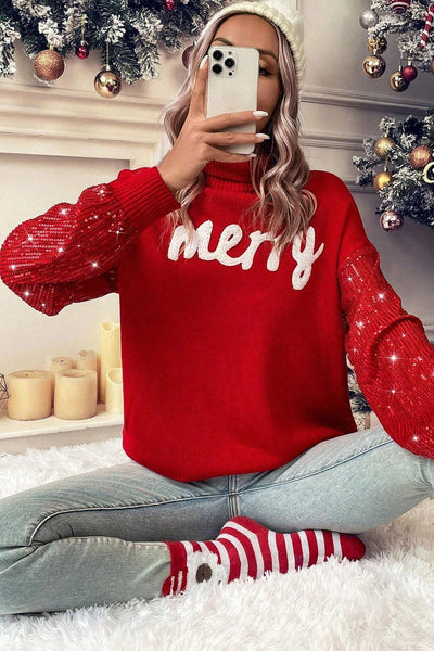 Women's Racing Red Merry Graphic Turtleneck Sweater with Sequin Sleeves - Festive Holiday Chic for Women