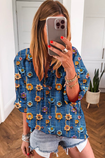 Women's Relaxed Fit Blue Floral Print Blouse - Stylish Short Sleeve Summer Top for Casual Outings and Everyday Wear
