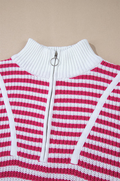 Women's Casual Chic Pink Stripe Zip-Up Sweater with Drop Shoulder Design for Effortless Style and Comfort made for easy styling and wardrobe