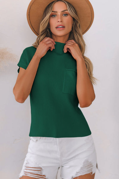 Women's Casual Blackish Green Ribbed Knit Sweater with Patch Pockets - Stylish Short Sleeve Top for Everyday Comfort