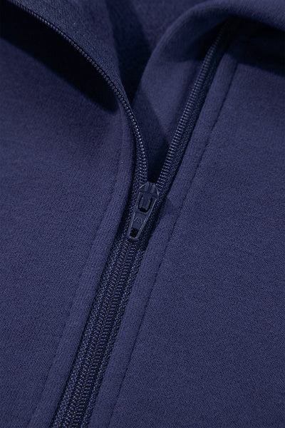 Cozy Women's Navy Blue Fleece-Lined Zip-Up Sweatshirt with Stand Collar & Thumbhole Sleeves for Ultimate Comfort