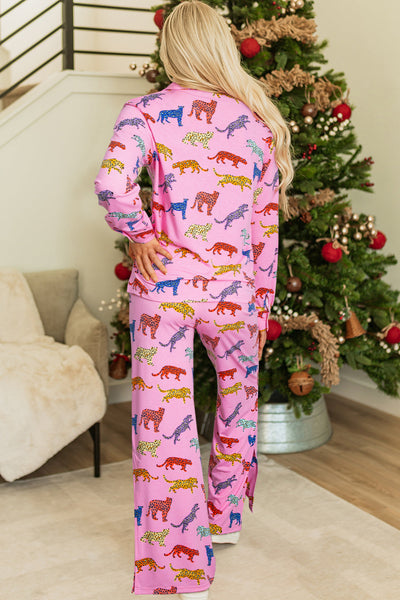 Women's Pink Cheetah Print Pajama Set - Trendy Sleepwear Top & Pants for Cozy Lounging and Relaxation