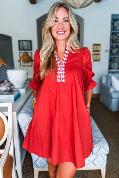 Chic Women's Fiery Red Mini Dress with Flounced Half Sleeves, Embroidery Detail, and Trendy Split Neck Design