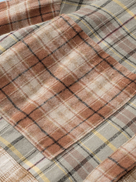 Rustic Brown Patchwork Plaid Shacket with Raw Edge Finishing