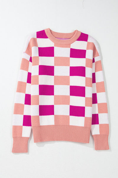 Cozy Pink Checkered Ribbed Sweater for Women - Effortless Casual Knit with Drop Shoulders for Ultimate Comfort