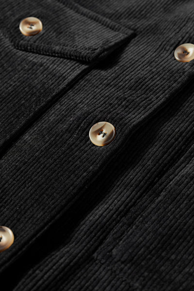 Chic Women's Black Corduroy Shacket with Flap Pockets - Trendy Button-Up Overshirt for Effortless Casual Style