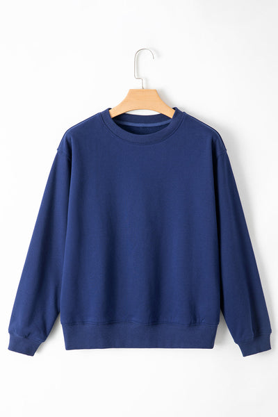 Cozy Women's Navy Blue Fleece-Lined Drop Shoulder Sweatshirt - Casual Comfort for Everyday Wear