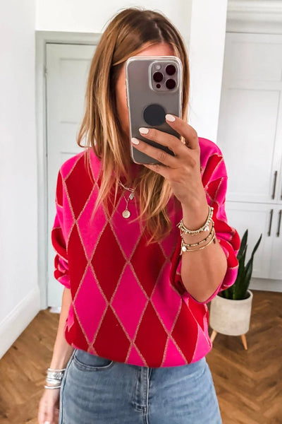 Stylish Women's Rose Red Glitter Knit Sweater with Rhombus Design for Casual Everyday Fashion made for easy styling and wardrobe coordination, with