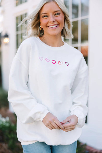 Women's Casual Chic White 3D Ribbed Sweatshirt with XOXO Heart Embroidery and Drop Shoulder Fit for Ultimate Comfort