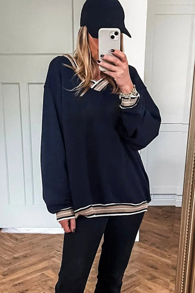 Stylish Women's Navy Blue Varsity V-Neck Sweatshirt with Trendy Contrast Striped Trim for Comfortable Casual Wear