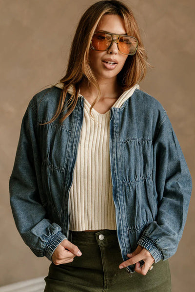 Stylish Women's Real Teal Denim Jacket with Pleated Seams, Round Neck, and Zip-Up Closure for a Chic Look