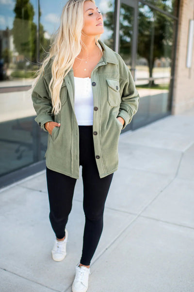 Women's Cozy Smoke Green Fleece Shacket with Exposed Seams & Button Down, Trendy Patchwork Design for Ultimate Comfort