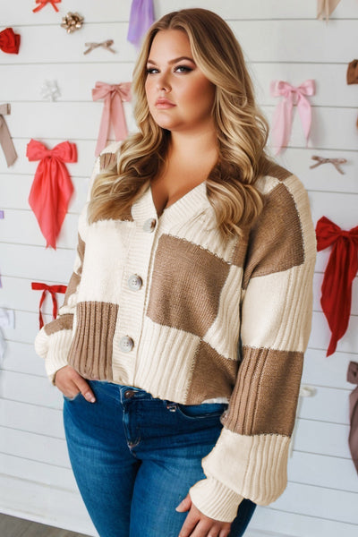 Plus Size Women's Khaki Checkered Ribbed Sweater Cardigan - Cozy and Chic Layering Piece for Every Occasion
