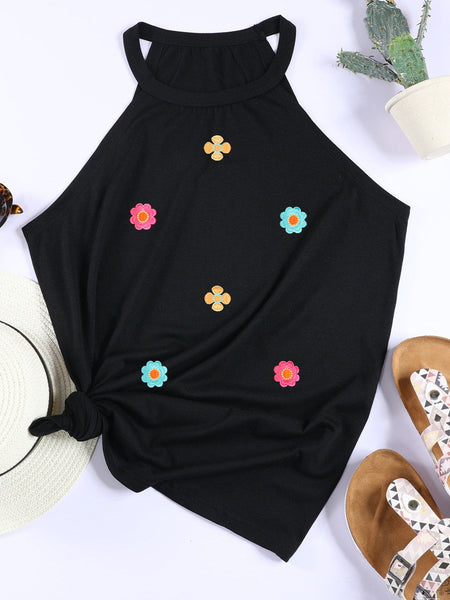 Floral Embroidered Black Tank Top with Sweet Details