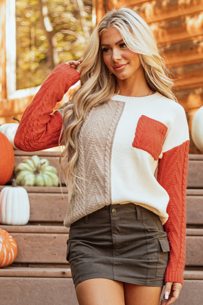 Cozy Women's Gold Flame Colorblock Drop Shoulder Sweater with Pockets Chic Casual Knitwear for Effortless Style
