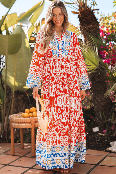 Women's Flowy Orange Boho Maxi Dress with Geometric Print and Long Sleeves for Effortless Style and Comfort