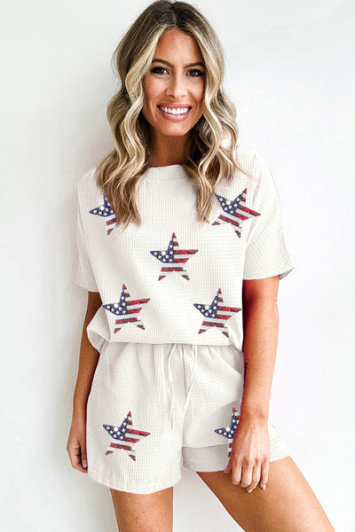 Women's Star Spangled Sequin White Waffle Knit Shorts Set