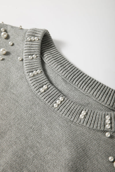 Light Grey Pearled Drop Shoulder Sweater for Women - Cozy Round Neck Knit Top for Chic Casual Style and Comfort