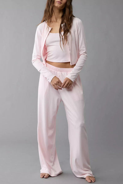 Women's Light Pink Cozy 3-Piece Textured Knit Lounge Set for Relaxed Comfort and Chic Homewear Style