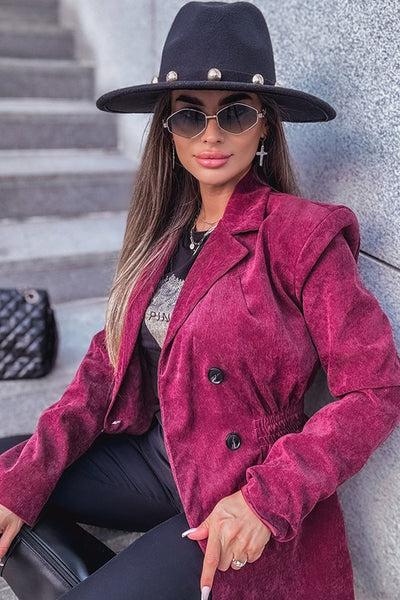 Effortlessly Chic Women's Pitaya Pink Corduroy Blazer with Smocked Waist & Double-Breasted Design for Stylish Comfort