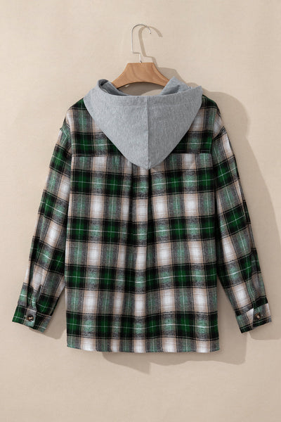 Women's Stylish Green Plaid Hooded Shacket with Chest Pocket - Perfect Casual Layer for Fall and Winter Fashion