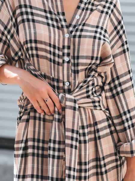 Check Print Buttons Lace-Up Shirt Dress