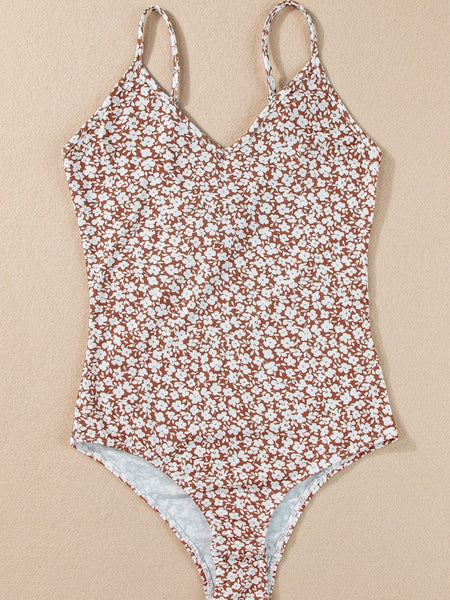 Chestnut Floral Print V-Neck Spaghetti Strap Bodycon Bodysuit