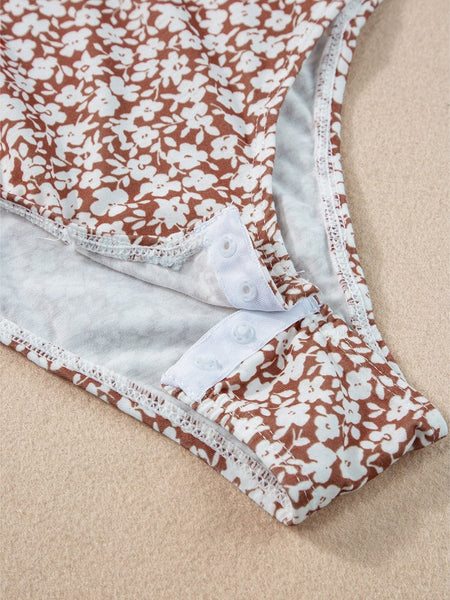 Chestnut Floral Print V-Neck Spaghetti Strap Bodycon Bodysuit