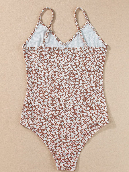 Chestnut Floral Print V-Neck Spaghetti Strap Bodycon Bodysuit