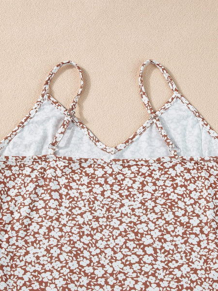 Chestnut Floral Print V-Neck Spaghetti Strap Bodycon Bodysuit