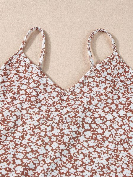 Chestnut Floral Print V-Neck Spaghetti Strap Bodycon Bodysuit
