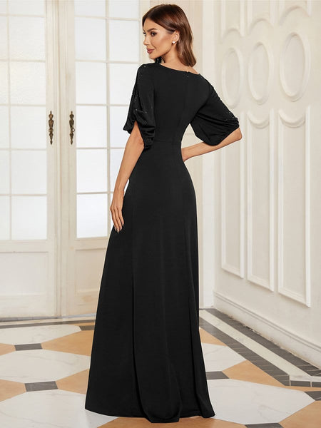 Women's Embellished Cold-Shoulder Evening Gown in Obsidian Black
