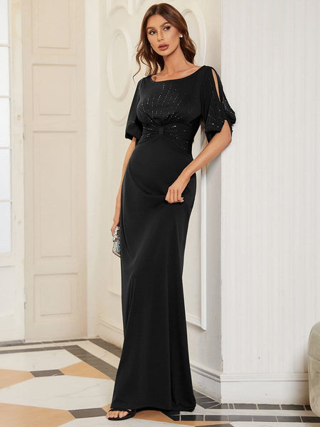 Women's Embellished Cold-Shoulder Evening Gown in Obsidian Black