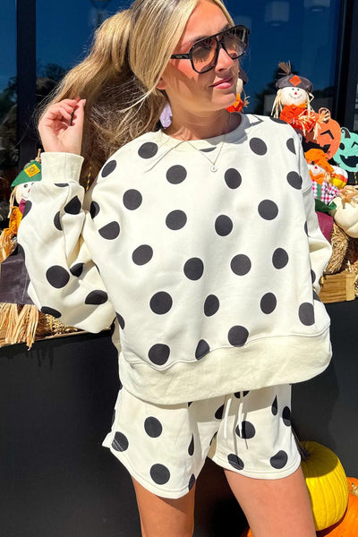 Chic Beige Polka Dot Drop Shoulder Pullover & Drawstring Shorts Set for Women - Casual Summer Style