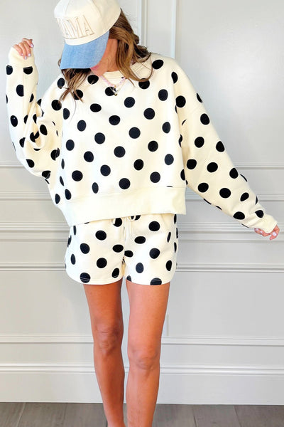 Chic Beige Polka Dot Drop Shoulder Pullover & Drawstring Shorts Set for Women - Casual Summer Style