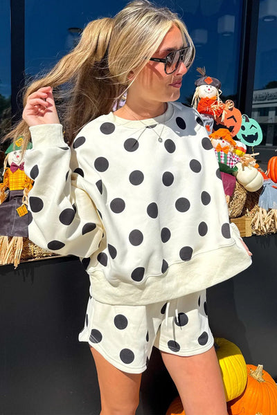 Chic Beige Polka Dot Drop Shoulder Pullover & Drawstring Shorts Set for Women - Casual Summer Style