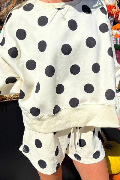 Chic Beige Polka Dot Drop Shoulder Pullover & Drawstring Shorts Set for Women - Casual Summer Style