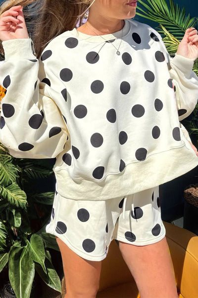 Chic Beige Polka Dot Drop Shoulder Pullover & Drawstring Shorts Set for Women - Casual Summer Style