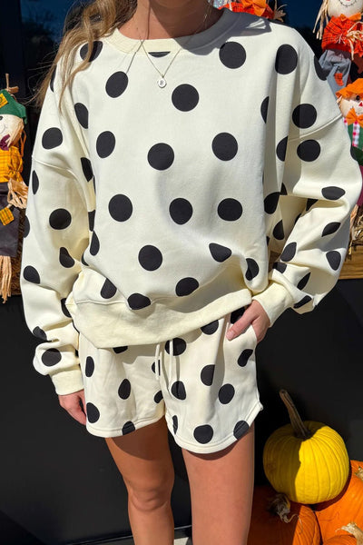 Chic Beige Polka Dot Drop Shoulder Pullover & Drawstring Shorts Set for Women - Casual Summer Style