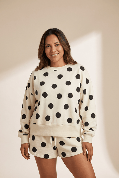 Chic Beige Polka Dot Drop Shoulder Pullover & Drawstring Shorts Set for Women - Casual Summer Style
