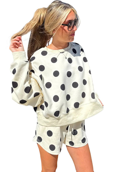 Chic Beige Polka Dot Drop Shoulder Pullover & Drawstring Shorts Set for Women - Casual Summer Style