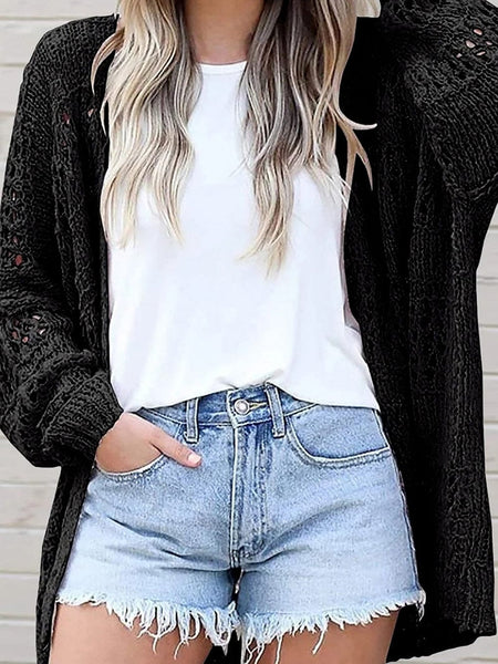 Plus Size Casual Cardigan, Women's Plus Solid Crochet Knit Long Sleeve Open Front Cardigan