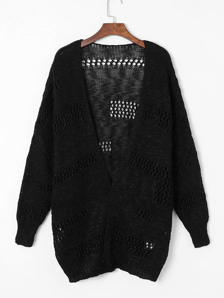 Plus Size Casual Cardigan, Women's Plus Solid Crochet Knit Long Sleeve Open Front Cardigan