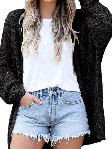 Plus Size Casual Cardigan, Women's Plus Solid Crochet Knit Long Sleeve Open Front Cardigan