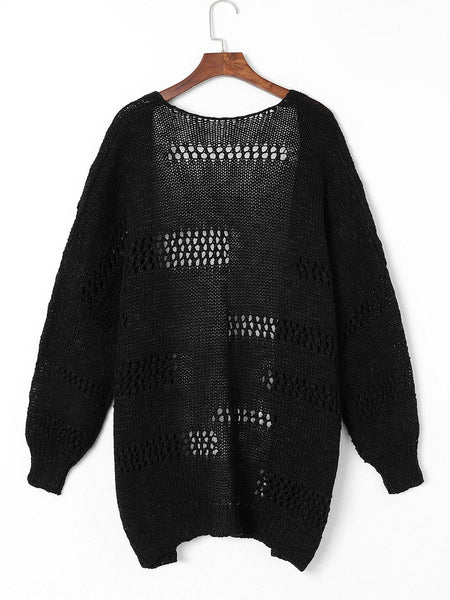 Plus Size Casual Cardigan, Women's Plus Solid Crochet Knit Long Sleeve Open Front Cardigan