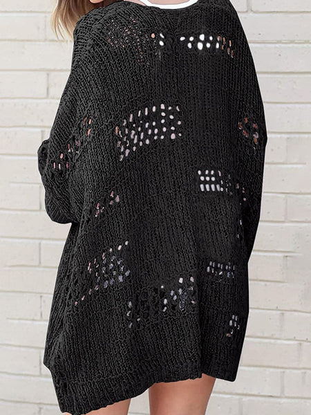 Plus Size Casual Cardigan, Women's Plus Solid Crochet Knit Long Sleeve Open Front Cardigan