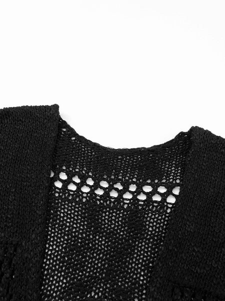 Plus Size Casual Cardigan, Women's Plus Solid Crochet Knit Long Sleeve Open Front Cardigan
